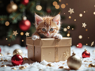 Tiny kitten peeking from a golden Christmas gift box, confetti and snowflake effects around,The most delightful Christmas surprise&mdash;a playful kitten inside the box.