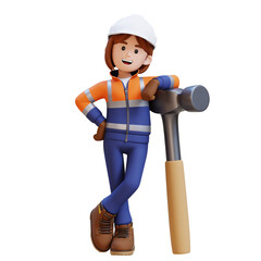 Female Handywoman Construction Worker leaning on big hammer