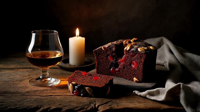 A slice of dark fruitcake rich in fruit and nuts, placed on a folded cloth.