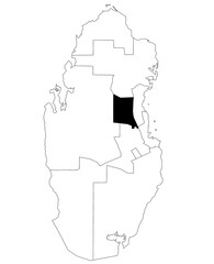 Map of umm salal municipality in Qatar country on white background. single municipality map highlighted by black colour on Qatar map.