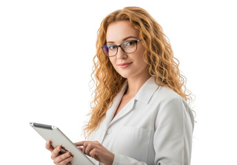 Woman in lab coat with tablet isolated on transparent background
