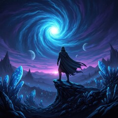 Mysterious Hooded Figure Standing on Rocky Outcrop in Futuristic Alien Landscape Under Swirling Blue Galaxy