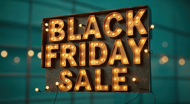 Black Friday Sale Sign: Illuminated sign proclaims the Black Friday sales event, with vintage light bulbs. It offers an eye-catching display, perfect for advertising retail discounts and promotions. - Powered by Adobe