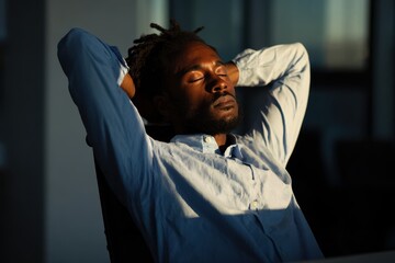 A focused professional takes a much-needed mental break relaxing deeply with closed eyes in sunlight