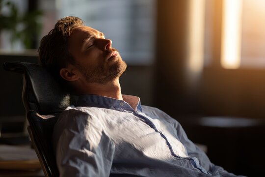 Tired businessman taking a much needed mental break from his demanding work schedule in a sunlit office - Powered by Adobe