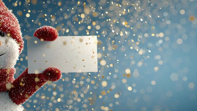 Snowman holding blank card in falling gold glitter on blue background