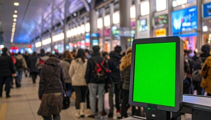 Closeup of a green screen display in a bustling indoor public area with blurred people