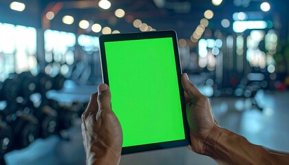 Closeup of darkskinned hands holding a tablet with a bright green screen blurred gym background with weights