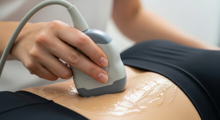 Fototapeta premium Abdominal Ultrasound Examination With Gray Probe On Patient With Gel in Clinical Setting