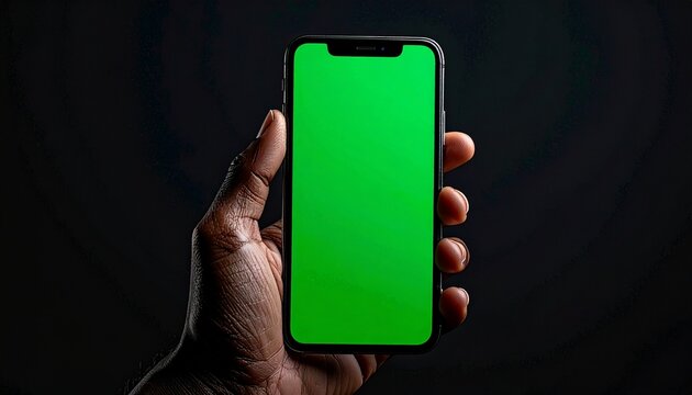 Darkskinned hand holding a smartphone with a bright green screen against a dark featureless background