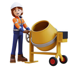 Female Handywoman Construction Worker with yellow concrete mixer