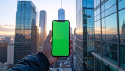 Person holding smartphone with green screen and tracking markers against a blurred city sunset