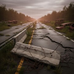 Deserted Cracked Highway Surrounded by Abandoned Rusty Cars Under Cloudy Sky