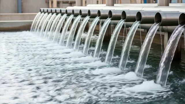Water Treatment Processing: Parallel Row of Metal Pipes Pumping Clean Water into a Reservoir, Environmental Infrastructure