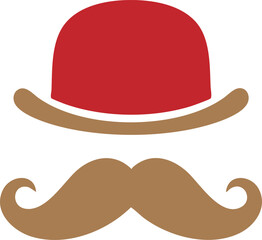 Vintage Bowler Hat and Curled Mustache Icon Vector Illustration