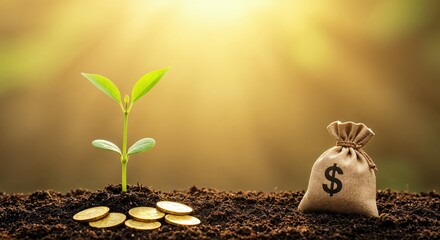 Nurturing Growth: A young sprout and a money bag symbolize the growth of financial investment against the backdrop of a bright sun.
