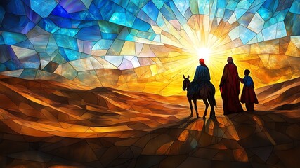Stained glass window depicting travelers in a desert setting. Central figures include two people and a donkey, facing a bright, radiant sun. The scene is composed of varied hues of blue, orange, and b