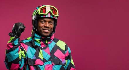 Smiling young African American man in vibrant retro ski gear, wearing a colorful helmet and goggles, ready for winter sports on a magenta background.