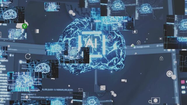 Rotating video wall displaying artificial intelligence brain visualization and coding screens. Turntable animation showing multiple monitors with programming languages and neural network graphics