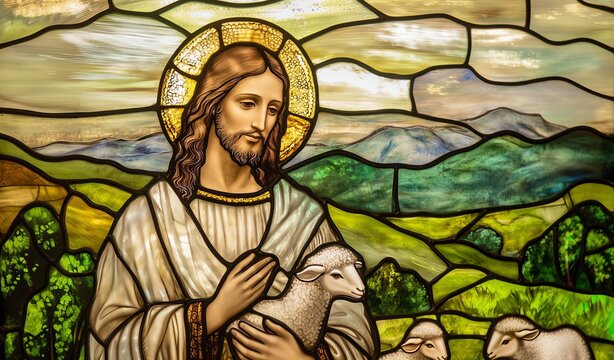 Stained glass window depicting a figure holding a lamb, surrounded by pastoral scenery. The figure has long hair and a halo, clad in a flowing robe. The background features rolling hills and trees cra