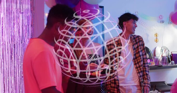 Friends celebrating birthday passing gift, pulling phone, shifting poolside, globe overlay hovering