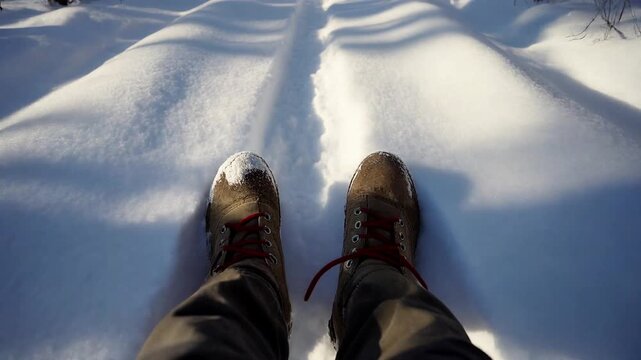 POV (Point of View) horizontal from top to bottom, a person's feet wearing dark brown and grey winter boots, standing on a thick expanse of pure white snow.