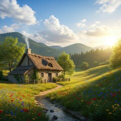 Serene Countryside Cottage Surrounded by Blooming Flowers and Lush Green Hills Under Bright Sunlight