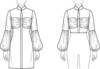 Women's technical fashion flat sketch template: long balloon sleeve tunic mini dress with mandarin collar and ruched fitted bust, front and back view, apparel vector.
