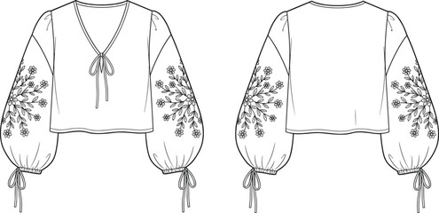 Women's technical fashion flat sketch template: V-neck peasant crop top with balloon sleeves, floral embroidery, drawstring cuff, front and back view, apparel vector.