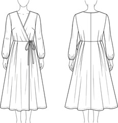 Women's, tie belt waist, gathered cuffs, front and back view,  technical fashion flat sketch template: V-neck long sleeve midi faux wrap dress, tie belt wai