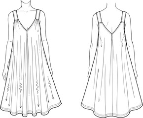 Women's technical fashion flat sketch template: V-neck A-line trapeze mini dress with wide shoulder straps, loose fit, front and back view, apparel vector.