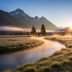Scenic Mountain Landscape with River and Forest at Sunrise