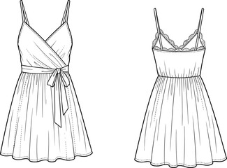 Women's technical fashion flat sketch template: high-waist palazzo wide leg pants/trousers with front tie waist detail, front and back view, apparel vector.