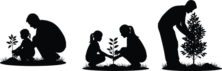 Family planting tree silhouettes; father, mother, and child planting a sapling, earth day, ecology, nature conservation vector.