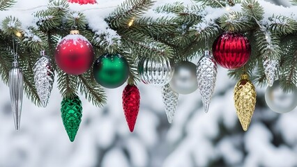 Christmas tree branch laden with colorful ornaments and snow creating a festive atmosphere outdoors