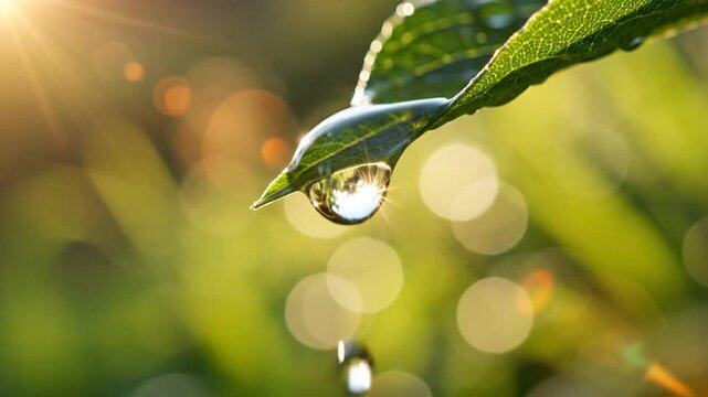 Clear water drop on green leaf with sun flare and bokeh background reflecting nature purity and growth