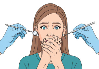 Woman covering mouth with fear of dental tools isolated on transparent background