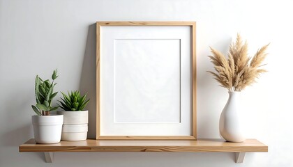 Blank picture frame on a wooden shelf with potted plants and dried flowers