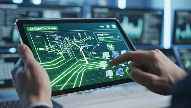 Closeup of hands using a tablet displaying an ai optimization interface for renewable energy systems like solar panels and wind turbines