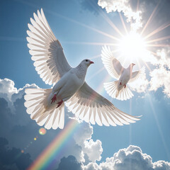 White doves flying through sunlight and rainbow rays, feathers glowing softly, symbol of peace and liberation,Flying doves mirror the essence of freedom and harmony.