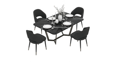 Modern black marble dining table set with four upholstered chairs and centerpiece isolated on transparent background