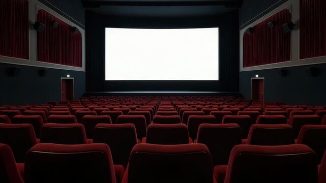 Empty Movie Theater: Red Seats in Long Rows Facing a Blank Wide Screen in a Dark Cinema Auditorium, Entertainment Industry