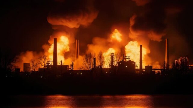Heavy Industrial Fire: Large Factory Silhouetted by Towering Flames and Smoke Reflected in a Nearby River at Night, Pollution Crisis