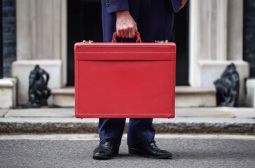 Naklejka na ściany i meble United kingdom chancellor carrying the official red budget briefcase. Generative ai