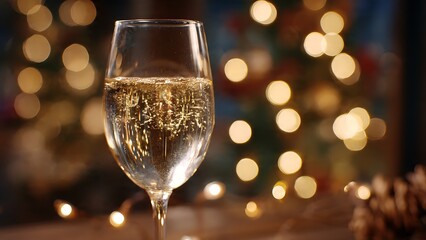 Sparkling champagne in a glass with festive bokeh lights creating a magical holiday celebration atmosphere