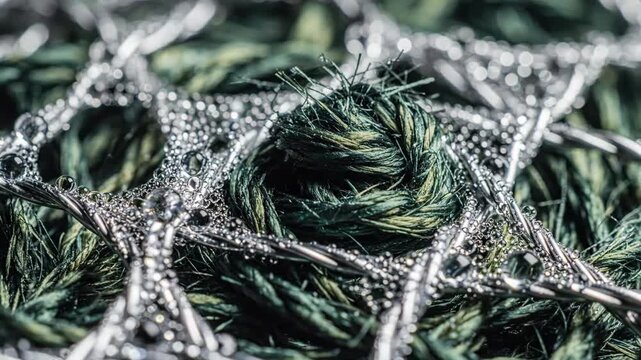 Extreme Macro of a Chaotic Woven Thread Web in Silver and Green