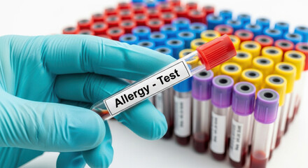 Obraz premium Gloved Hand Holds Allergy Test Blood Sample Tube Surrounded By Colorful Array Of Filled Vials On White Surface Medical Healthcare Concept Close Up