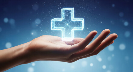 Glowing Blue Plus Sign Hovering Above Hand on Gradient Background