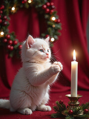 luffy white kitten reaching toward candlelight, warm glow on its face, red curtain and wreath backdrop,A soft, glowing holiday moment as curiosity meets candlelight.