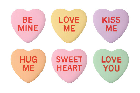 Conversation heart candies conveying love messages on transparent background